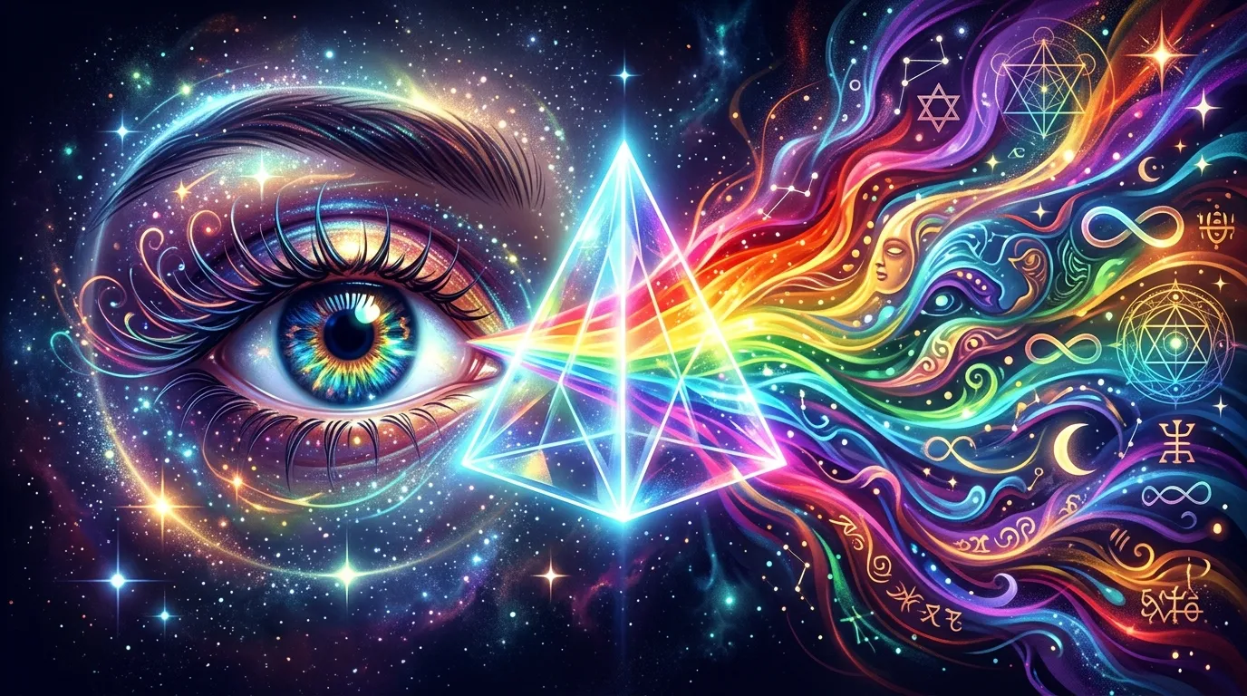 Abstract eye looking through a colorful glowing prism