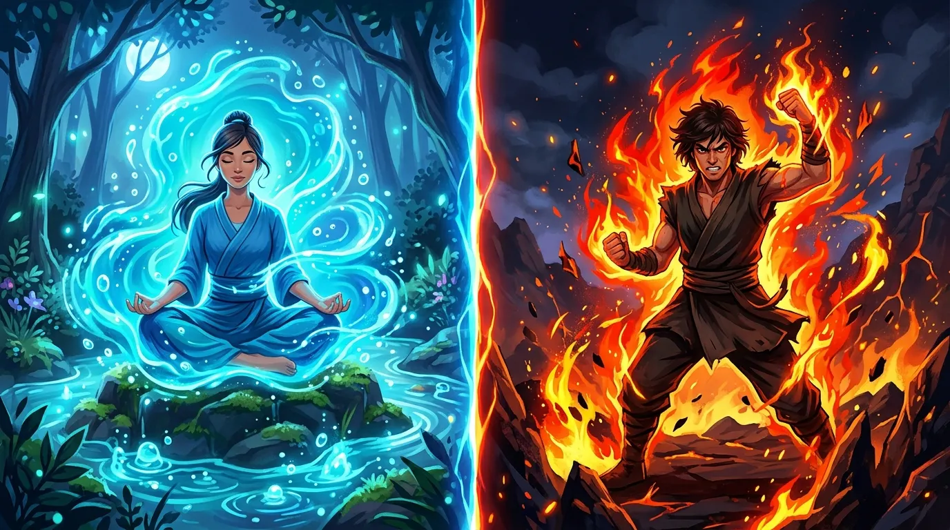 Split screen showing a calm blue water aura and a fierce red fire aura