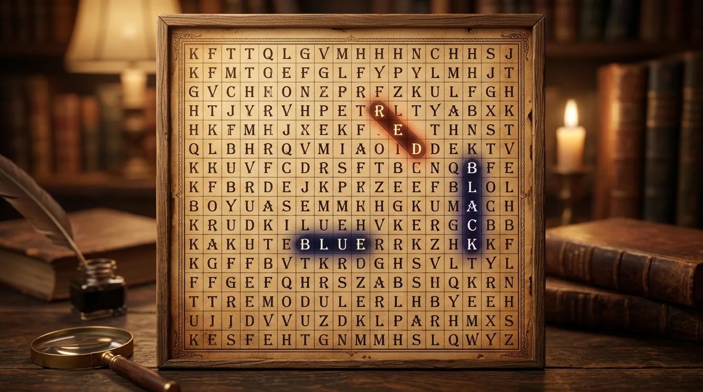 Stylized word search puzzle grid with hidden color names